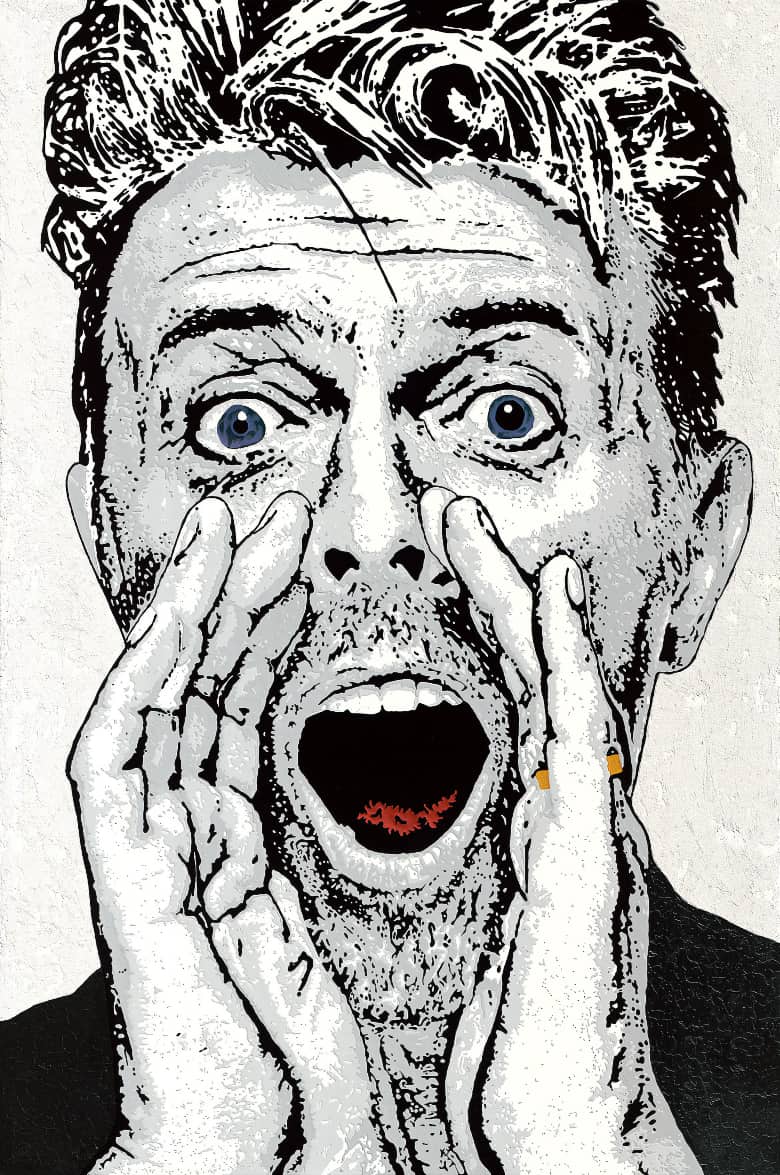 David Bowie portrait screaming with hands framing his face, piercing blue eyes, and red mouth, artwork by Raymond