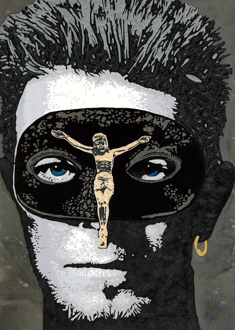 David Bowie portrait with a black mask, crucifix detail, and piercing blue eyes – Acrylic Pouring artwork by Raymond