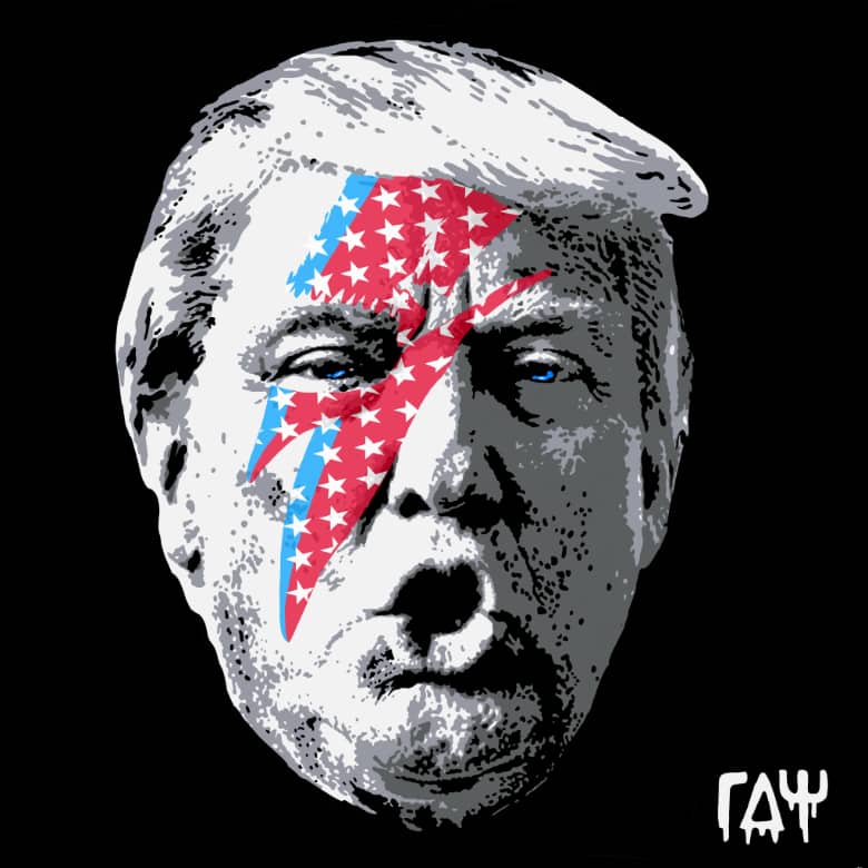 Pop-art portrait of Donald Trump with David Bowie’s Ziggy Stardust lightning bolt by Raymond