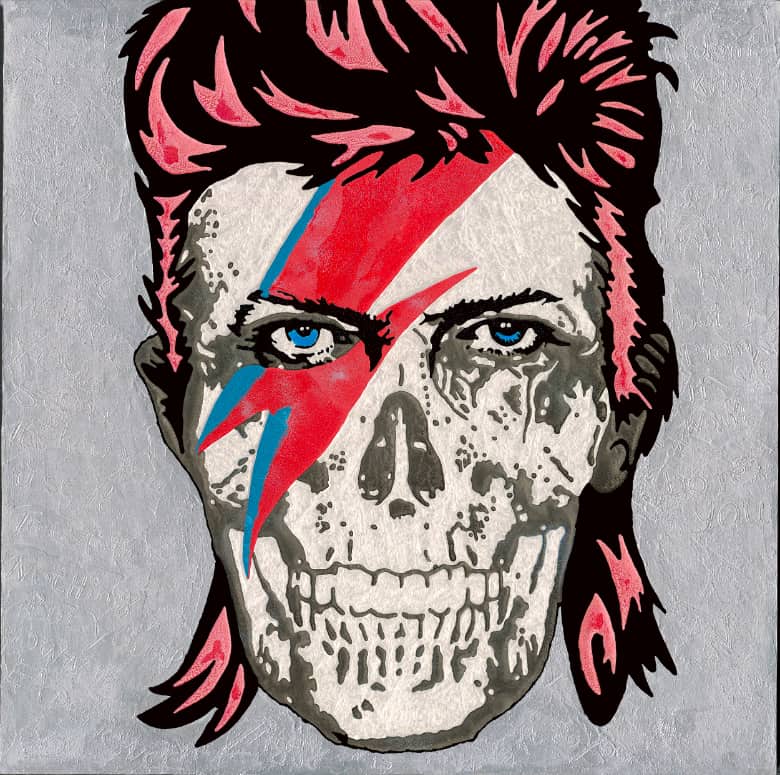 David Bowie skull portrait with lightning bolt and blue eyes in pop-art style by Raymond