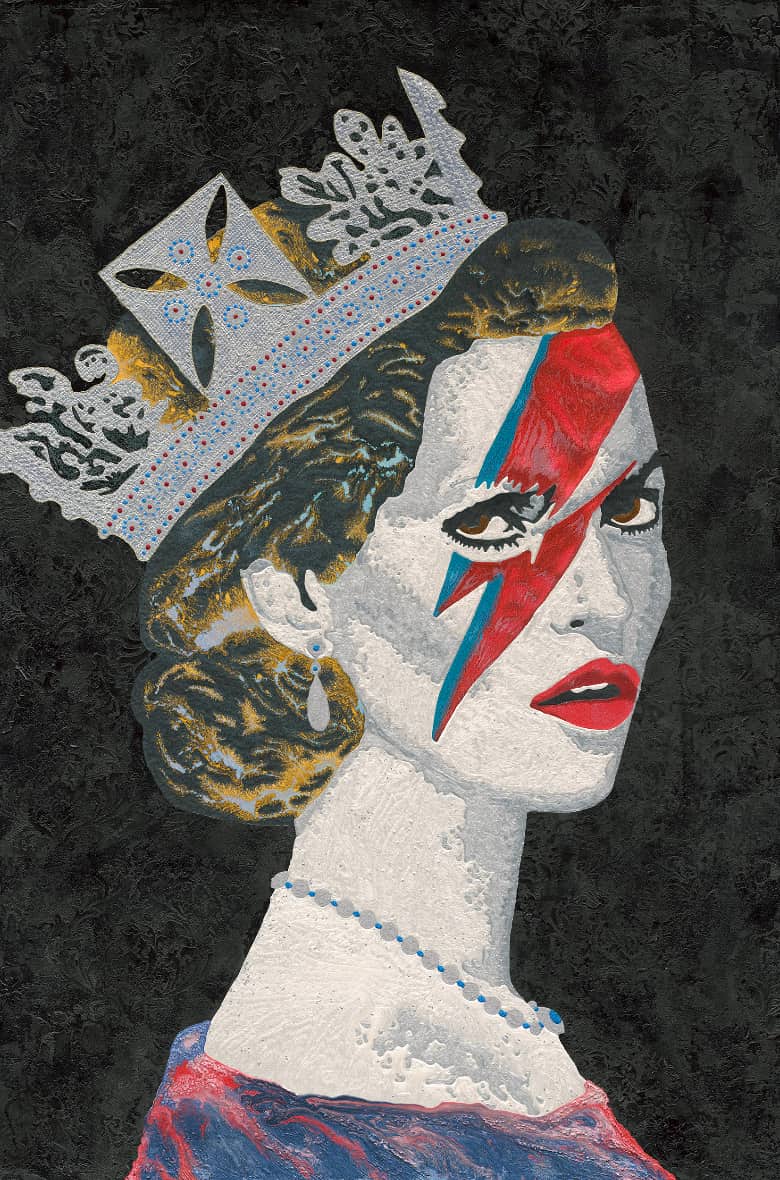 Kate Moss portrait with crown and David Bowie lightning bolt in pop-art style by Raymond