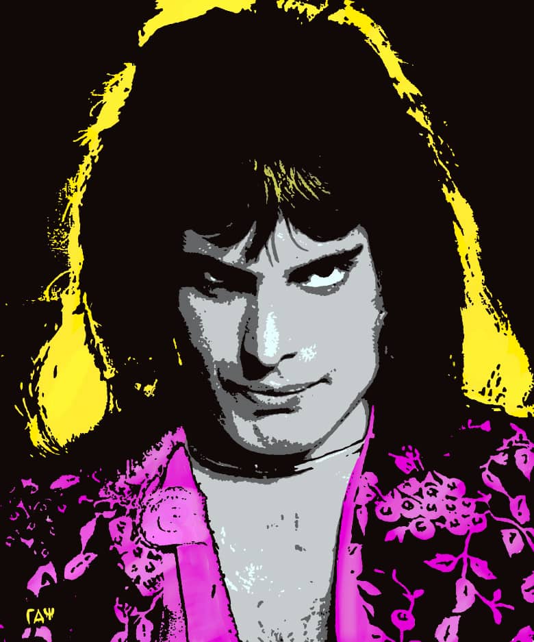 Freddie Mercury pop-art portrait in neon magenta and yellow, painted by Raymond in his signature acrylic pouring style