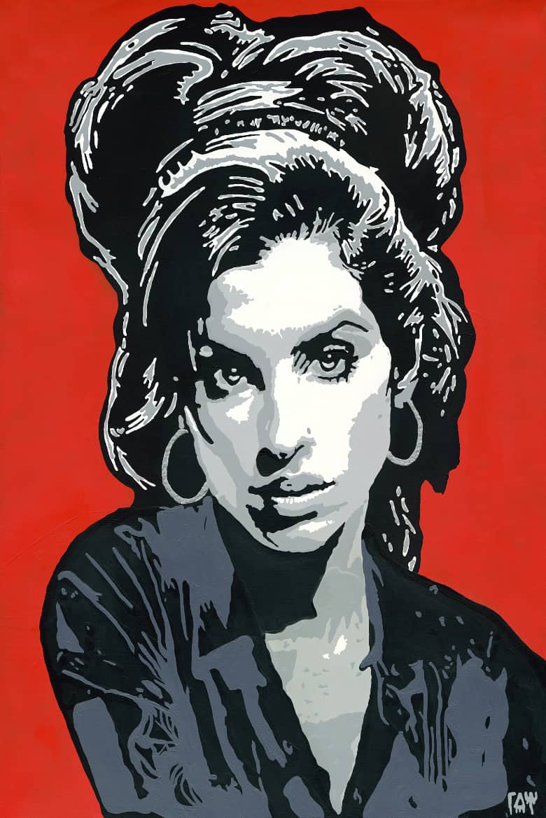 Acrylportrait von Amy Winehouse in Schwarz-Weiß mit rotem Hintergrund, ikonische Hochsteckfrisur und markanter Blick.