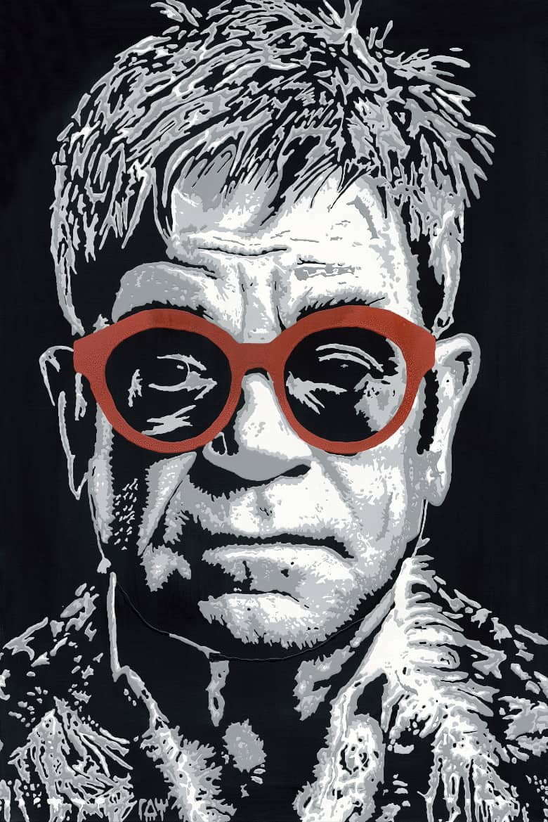 Acrylportrait von Elton John in Schwarz-Weiß mit auffälliger roter Brille auf schwarzem Hintergrund.