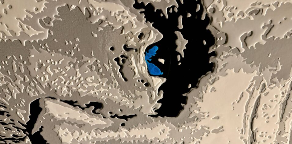 Close-up view of an acrylic pouring artwork by Raymond Stuwe, showing layered beige textures, black contrasts, and a striking blue detail in the eye area.