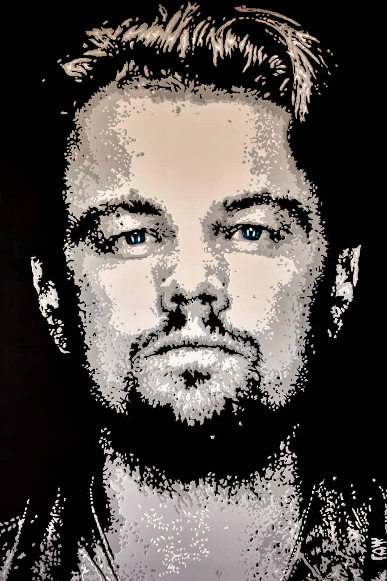 Schwarz-weiß Acrylportrait Leonardo Dicaprio mit markanten Gesichtszügen, durchdringend blauen Augen, kontrastreichem Hintergrund.